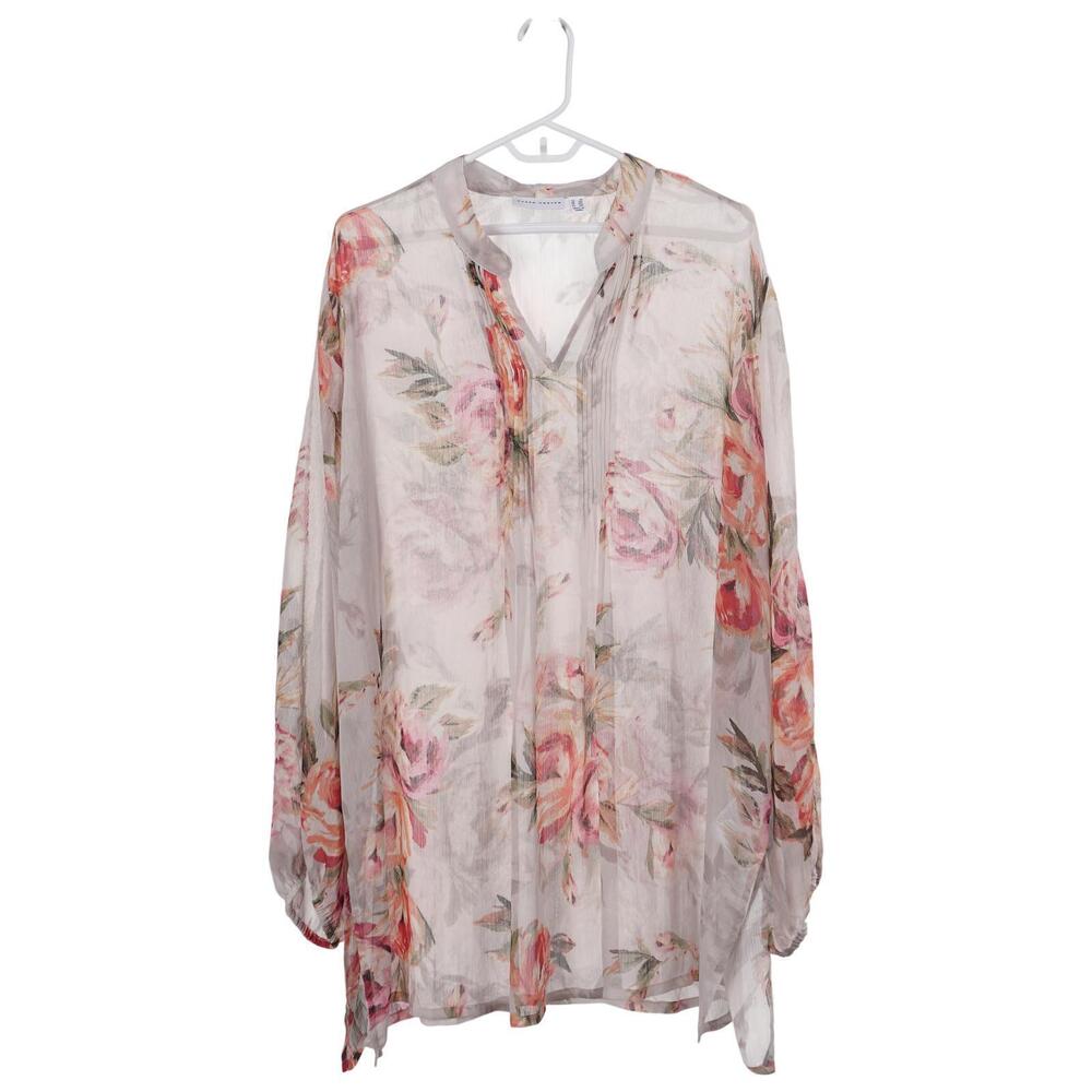 Susan Graver Top 2X Floral Print Long Sleeve Sheer Flowy Romantic Blouse